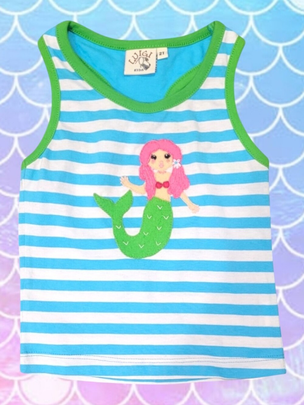 Luigi Kids Girl's Tropical Mermaid Blue and White Horizontal Tank Top